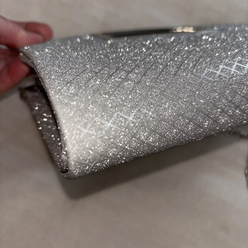 Silver Glitter Evening Bag Clutch Crossbody Silver Chain Prom‎ Formal